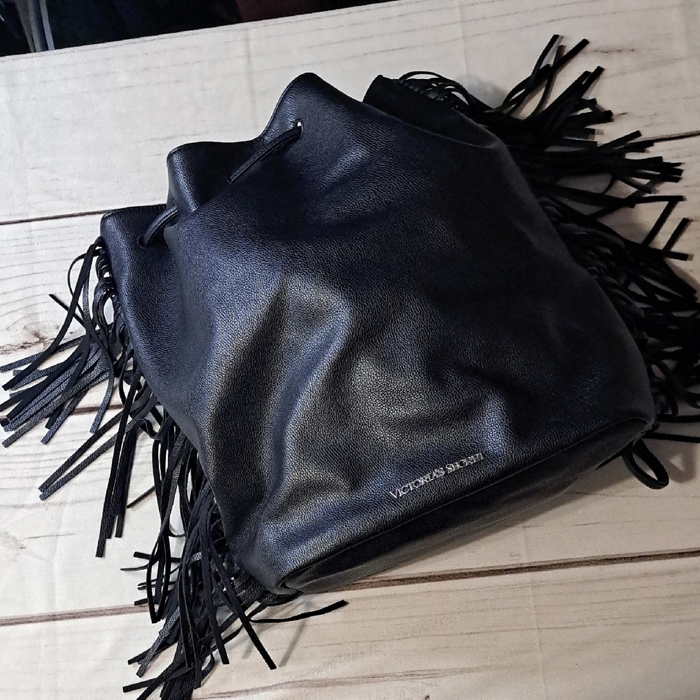 Victoria's Secret Black Fringe Cinch Bucket Backpack Bag